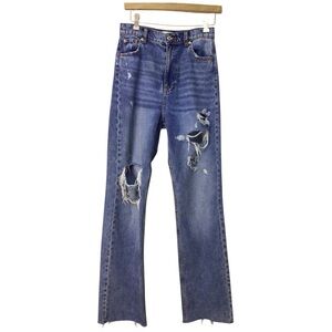 Zara Blue Flare Leg  Y2K Jeans with Distressed Details